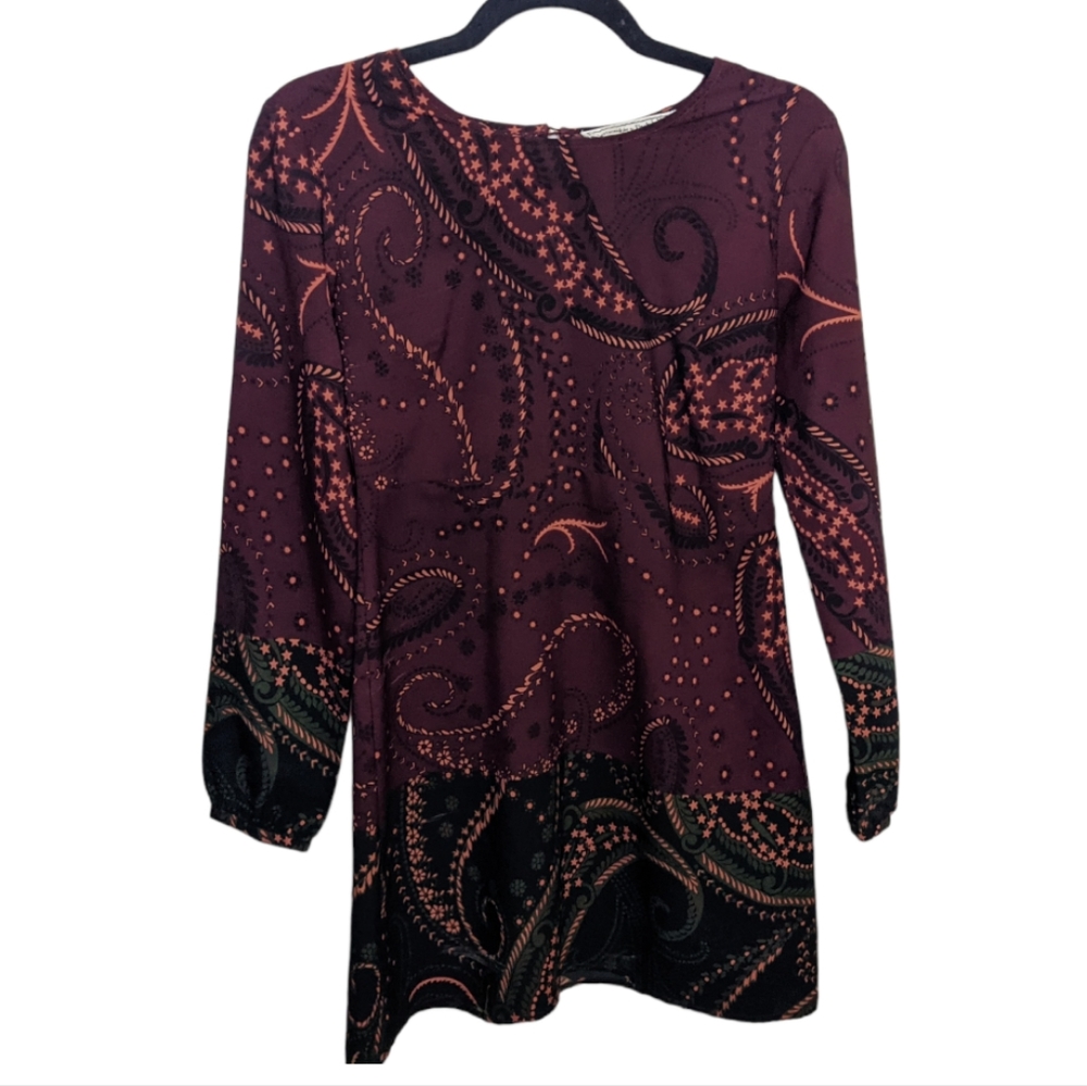 Abercrombie & Fitch XS Paisley Long Sleeve Tunic Dress 🌺 Plum Boho Style
